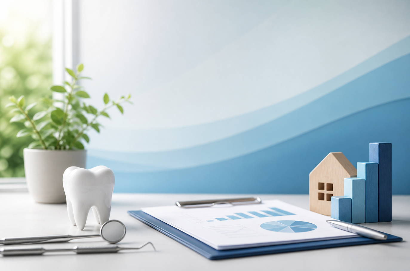 Dental practice valuation webinar banner with dental tools, financial charts, and a calm blue clinic workspace.